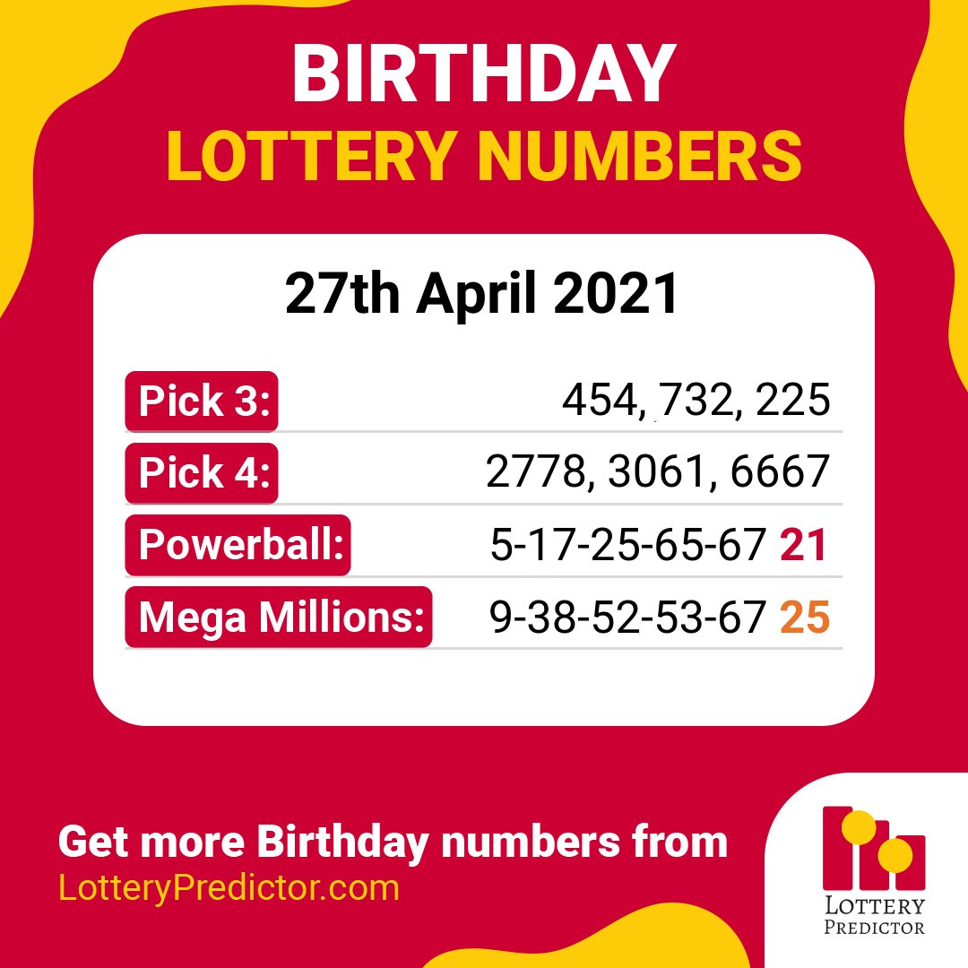 Birthday lottery numbers for Tuesday, 27th April 2021

#lottery #powerball #megamillions https://t.co/hlIVjulg2q