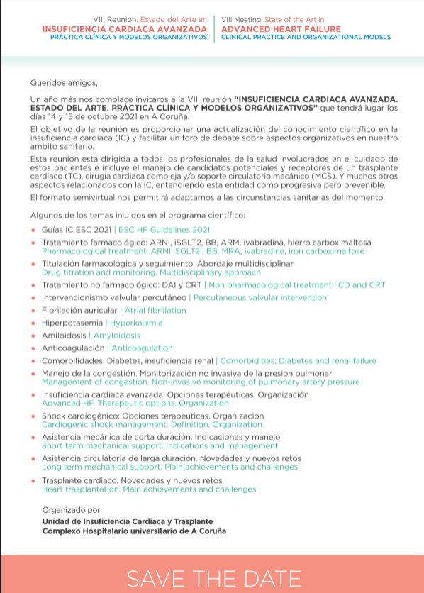 rafavidalperez's tweet photo. "VIII Reunión: Estado del Arte en Insuficiencia Cardiaca Avanzada, práctica clínica y modelos organizativos", que este año se celebrará los días 14 y 15 de octubre de 2021 en formato semi-virtual. Más información próximamente #SomosCHUAC https://t.co/lVzCeNRwqZ
