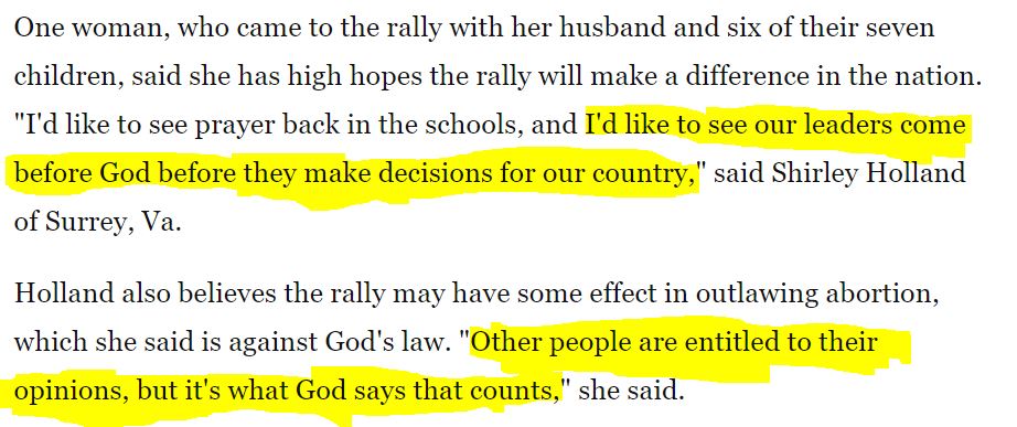 The most telling part comes from the rally attendees quoted in this article the day after the WFJ rally:"Nobody's coming here to pressure a congressman. We're here to say, 'Do what God tells you to do.'"  https://www.washingtonpost.com/archive/politics/1980/04/30/vast-and-joyous-crowd/0962a94c-863b-46da-9a9c-93c10721affe/
