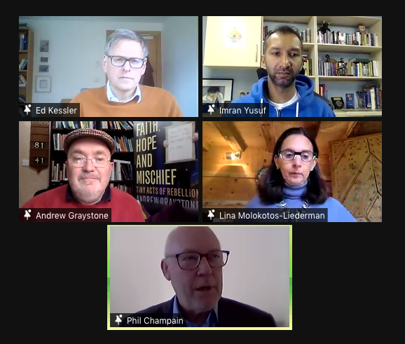 faithbelieforum's tweet photo. "Humour builds resilience' - our director Phil Champain is currently speaking at @Woolf_Institute's discussion on #Humour and #Interfaith, with @imranyusuf, @kessler_ed, @mololied, @AndrewGraystone and @DrEMWagner #comedy https://t.co/GRU0HV55L6