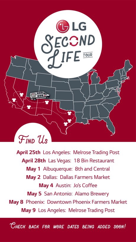Give your clothes a Second Life! Bring your gently used clothes to one of our 8 tour stops April 25 – May 9 and receive a new-to-you item in our vintage swap from <a href="/round2hollywood/">RoundTwoHollywood</a>, plus great food from local restaurants. Can’t wait to see you there #LGSecondLife #LGUS <a href="/LGUS/">LG Electronics</a>