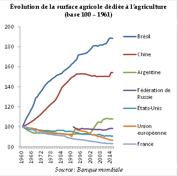 Depuis plusieurs décennies maintenant, les surfaces agricoles diminuent en France, tout comme le nombre d'emplois liés à l'agriculture. Mais le phénomène était compensé par d'importants gains de productivité, permettant une hausse du volume de production. Ce n'est plus le cas.