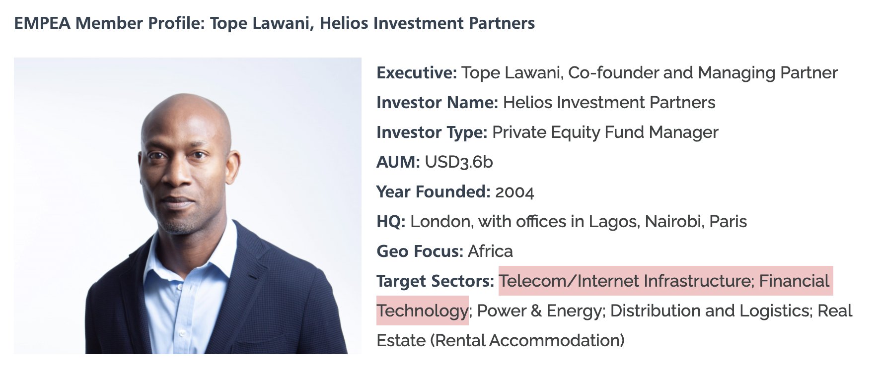 Reece Tope Lawani Co Founded Helios Investment Partners In 04 Since Grown Into The Largest Africa Focused Private Investment Firm Lead Role In The Execution Of Several Leveraged Buyout