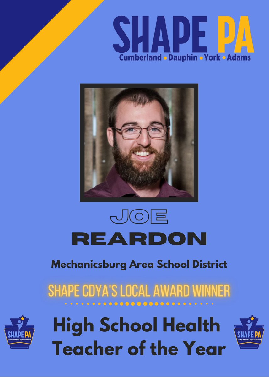 ShapePA_CDYA's tweet image. Congratulations to Joe Reardon for winning Shape CDYA’s Local High School Health Teacher of the Year Award! @MbgAreaSD  @SHAPE_PA #healthed