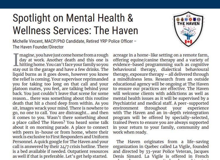 The Haven - Mental Health Treatment Centre (@thehavenmhtc) on Twitter photo In the <a href="/PoliceAssocON/">Police Association of Ontario (PAO)</a>'s Spring 2021 Magazine, our founder Michelle Vincent shines the spotlight on #MentalHealth & #wellness services.
Read more here: pao.ca/news-and-issue…
#Policing #PoliceOfficers #LawEnforcement #PTSD #police #PublicSafety #SuicidePrevention In the <a href="/PoliceAssocON/">Police Association of Ontario (PAO)</a>'s Spring 2021 Magazine, our founder Michelle Vincent shines the spotlight on #MentalHealth & #wellness services.
Read more here: pao.ca/news-and-issue…
#Policing #PoliceOfficers #LawEnforcement #PTSD #police #PublicSafety #SuicidePrevention