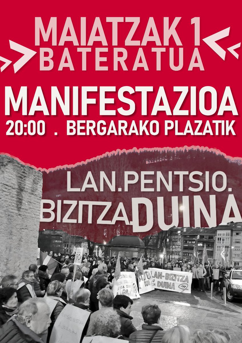 🚨MAIATZAK 1 KALERA, BATERA🚨
Lan, pentsio eta bizitza duina DANONTZAT. 
✅Larunbata 1, 20:00⏰ Bergarako Plazan📌
✅ <a href="/martxanterak/">Martxanterak talde feminista</a> Pentsionistak @EH_NeskaGazteak <a href="/xaxauBergara/">Xaxau jai herrikoien konpartsa</a> <a href="/BergaraIkama/">Ikama Bergara</a> <a href="/ernai_bergara/">Ernai Bergara</a> <a href="/gurearteraG/">Gure Artera</a> @ELA_Deba <a href="/LABdebaldea/">LAB Debaldea</a> <a href="/ESKsindikatua/">ESK Sindikatua</a> dendari eta ostalariak