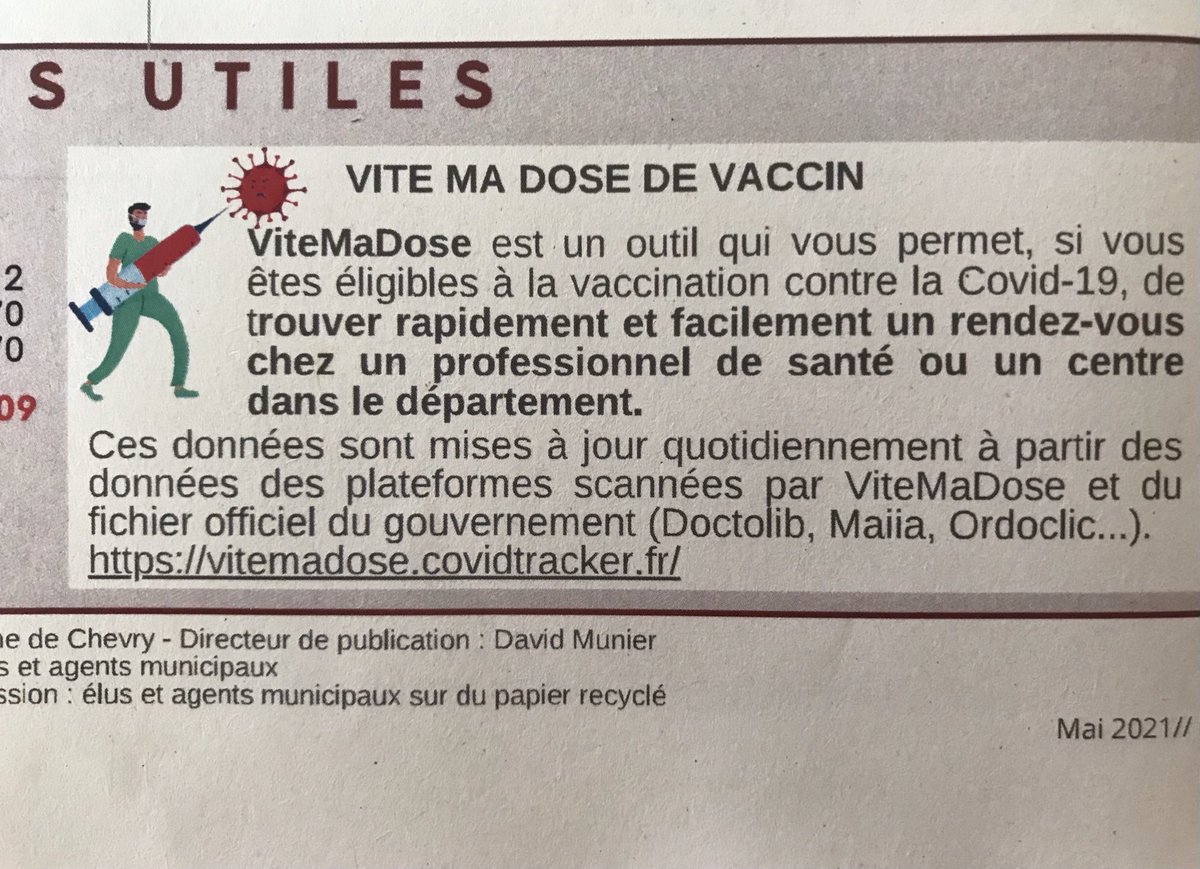 HanaBilak's tweet photo. On a fait de la pub à @ViteMaDose_off dans notre bulletin municipal - merci @GuillaumeRozier pour ce super boulot et à vos vaccins!! #Chevry @david_munier https://t.co/DPNuF2CbMo