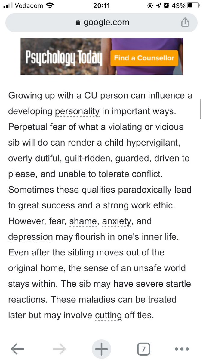 In addition to addiction, my sister also has all the Cluster B personality disorders (antisocial/sociopathy, borderline, histrionic, narcissistic). I looked up the effects of sociopaths on their siblings recently (CU = callously unemotional), and I....yikes.