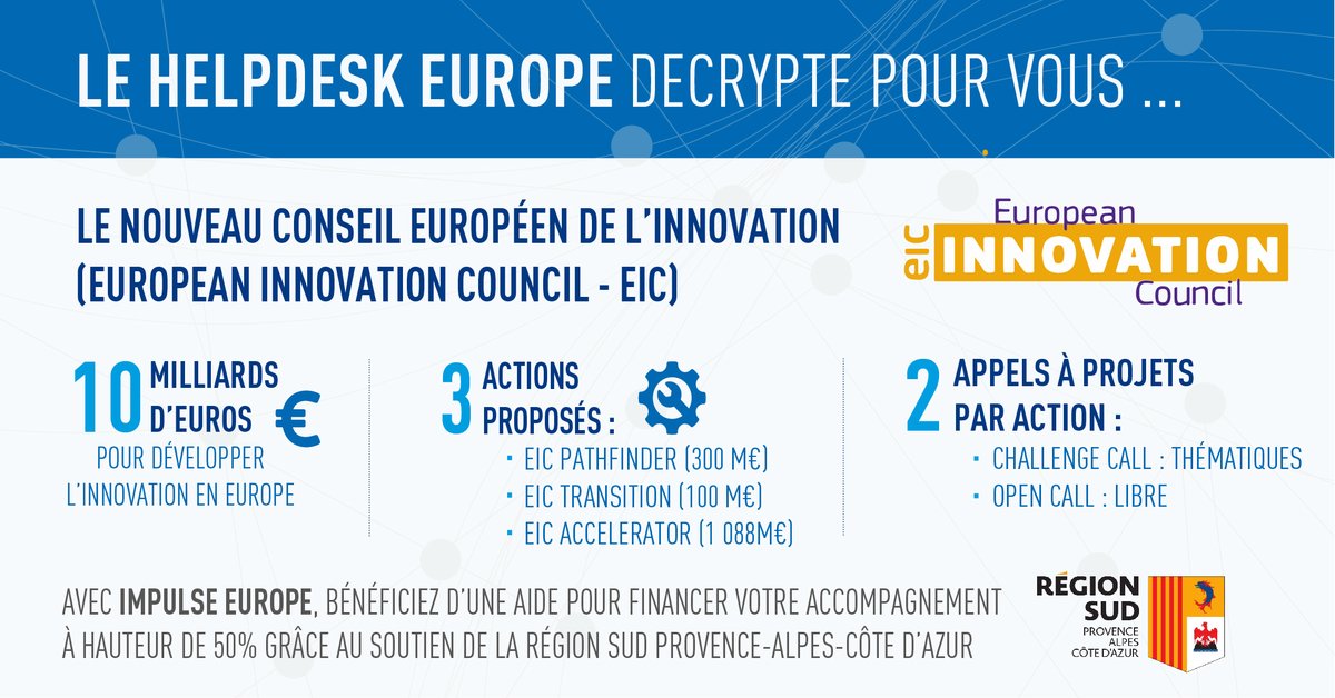 🇪🇺💶[#AAP] Notre #HelpdeskEurope décrypte pour vous les opportunités de financement du nouveau Conseil Européen de l’Innovation <a href="/EUeic/">European Innovation Council</a> et vous accompagne dans le montage de vos propositions !
📩 europe@polemermediterranee.com

🔗 swll.to/DNZzayT