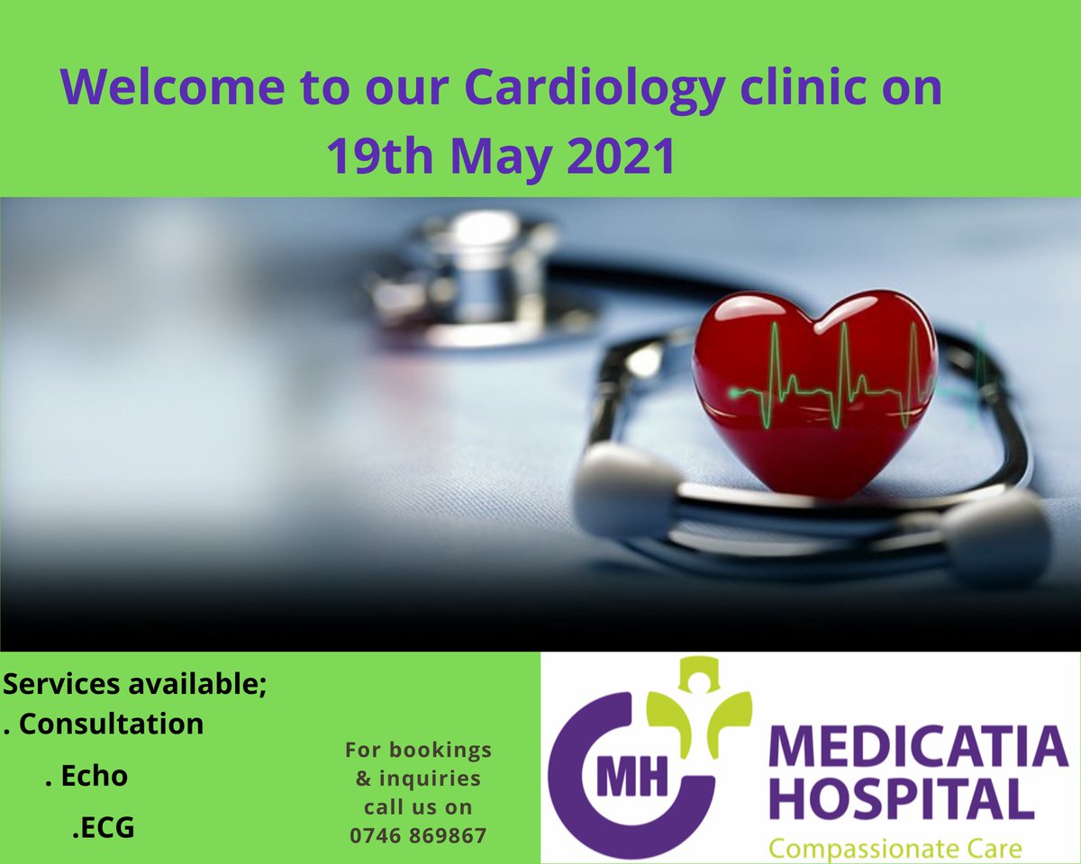 Our Cardiology clinic will be on the 19th May 2021.
Don't be left out this time round.

Services to be offered will include;
- Consultation
- Echocardiography
- Electrocardiography

Book your appointment with us today by contacting us through 0746 869867.

#compassionatecare