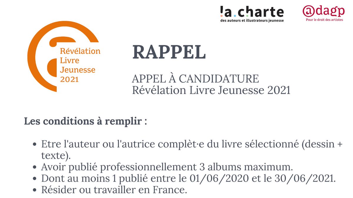 Pour candidater à la Révélation Livre Jeunesse <a href="/Adagp_/">ADAGP</a> / <a href="/CharteAuteurs/">La Charte</a> c'est maintenant ! 
👉Plus d'infos en cliquant sur ce lien : la-charte.fr/actualites/app…
#revelation #livrejeunesse #litterature <a href="/LeroyerEm/">Emmanuelle</a> <a href="/LauraPSikorski/">Laura P. Sikorski</a> @AdrienTomas <a href="/HeleneAlidjra/">Helene AlidjraVignal</a> <a href="/aureliegerlach/">Gerlach Aurélie</a>