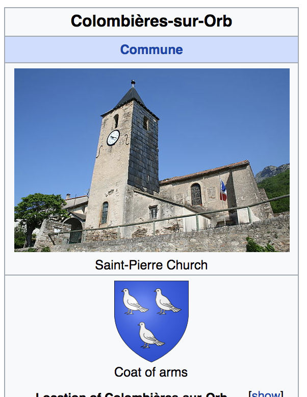 wikipedia entry for a town called "Colombières-sur-Orb"