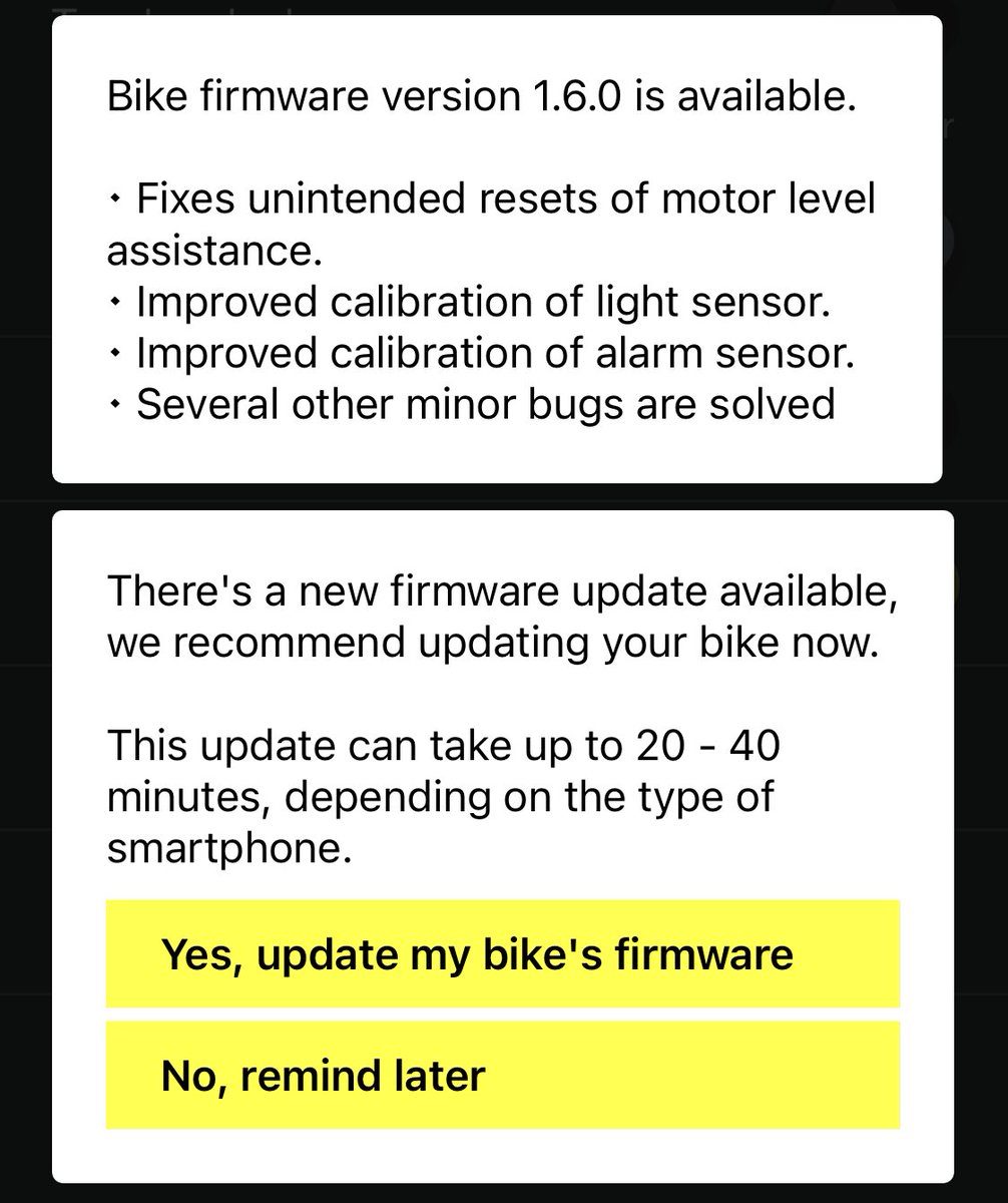 15/ I notice that the new  @vanmoof smart cartridge has alpha v1.7 software? The speed is stuck in km/h. Every time opening the  @vanmoof app it tells me to update to v1.6, fails as a lower version. Call support, they recommend waiting until the next time I am in the  #London store