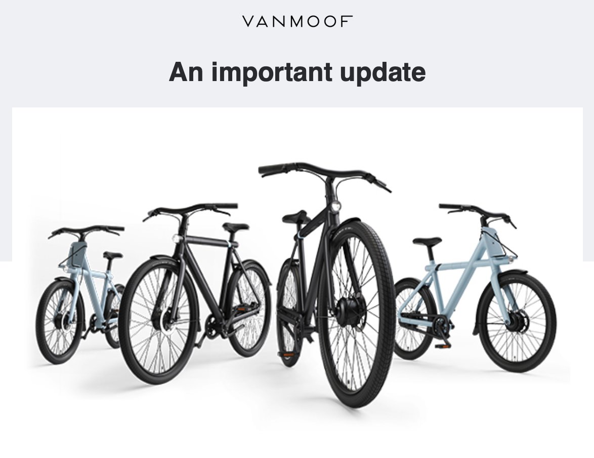 19/ ?? km, month 19: Sudden email from  @vanmoof enforcing country speed limits. A forced update. Removes the ability to cycle normally under the legal limit (level 2), but still have the boost if needed to get away from  #aggressivedrivers . This firmware update works