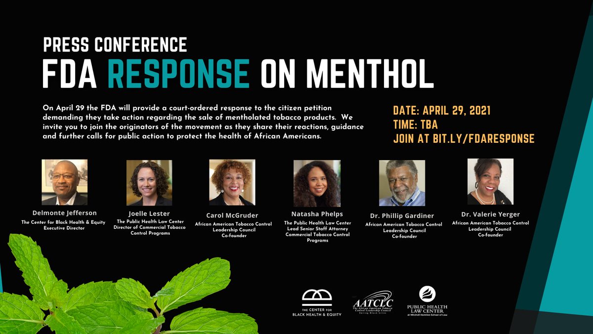The FDA announces its decision on #menthol in cigarettes today. We will hold a press conference with the Center for Black Health and Equity @blackbodyhealth and <a href="/aatclc/">Carol McGruder</a> soon after. Register now and receive notification before the event begins: bit.ly/fdaresponse #BanMenthol