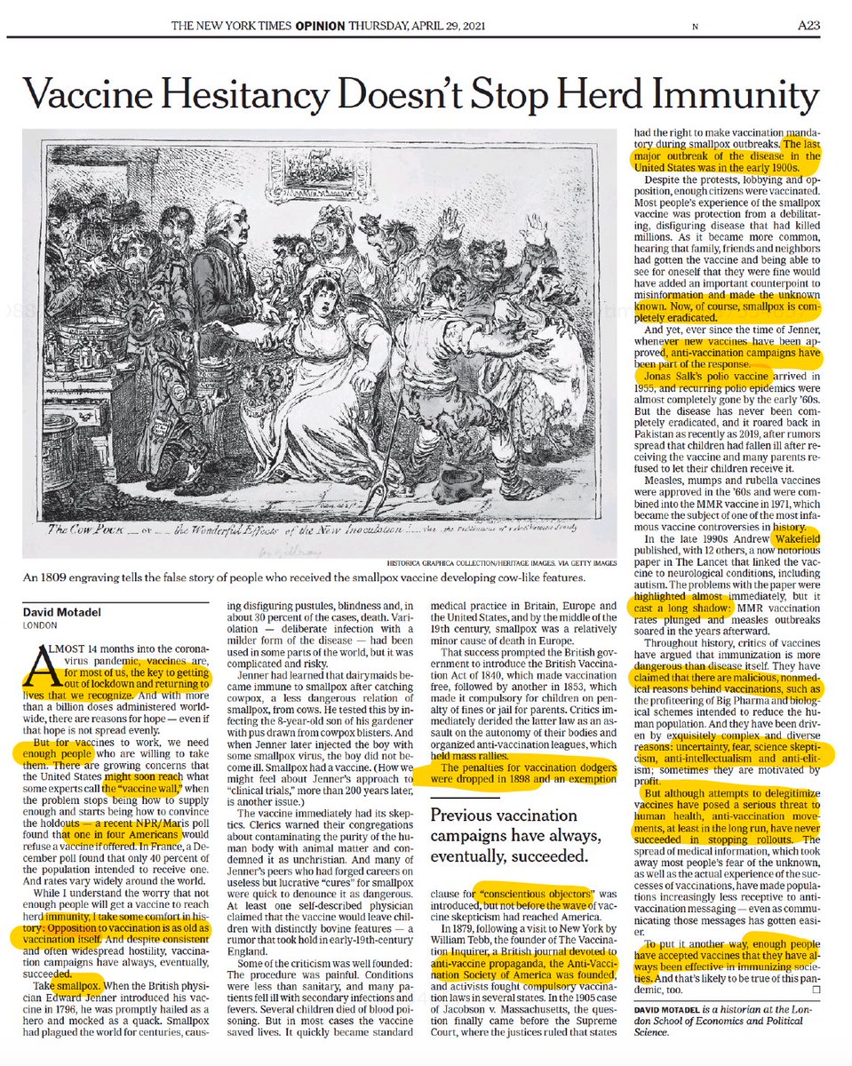 3 optimistic essays: the path to ending the pandemic1."Although attempts to delegitimize vaccines have posed a serious threat to human health, anti-vaccination movements, at least in the long run, have never succeeded in stopping rollouts " https://www.nytimes.com/2021/04/28/opinion/vaccine-hesitancy-smallpox.html  @DavidMotadel