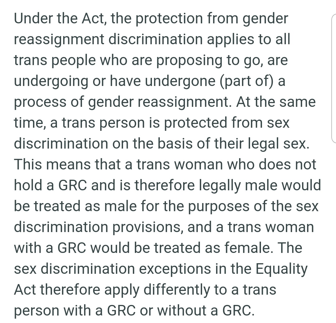 For women  @patrickharvie lies and pretends all transwomen apply to get a GRC and become legally female. This is the  @EHRC guidance on this delicate area of what someone's sex is when assessing sex-based exemptions : https://www.equalityhumanrights.com/en/our-work/news/our-statement-sex-and-gender-reassignment-legal-protections-and-language