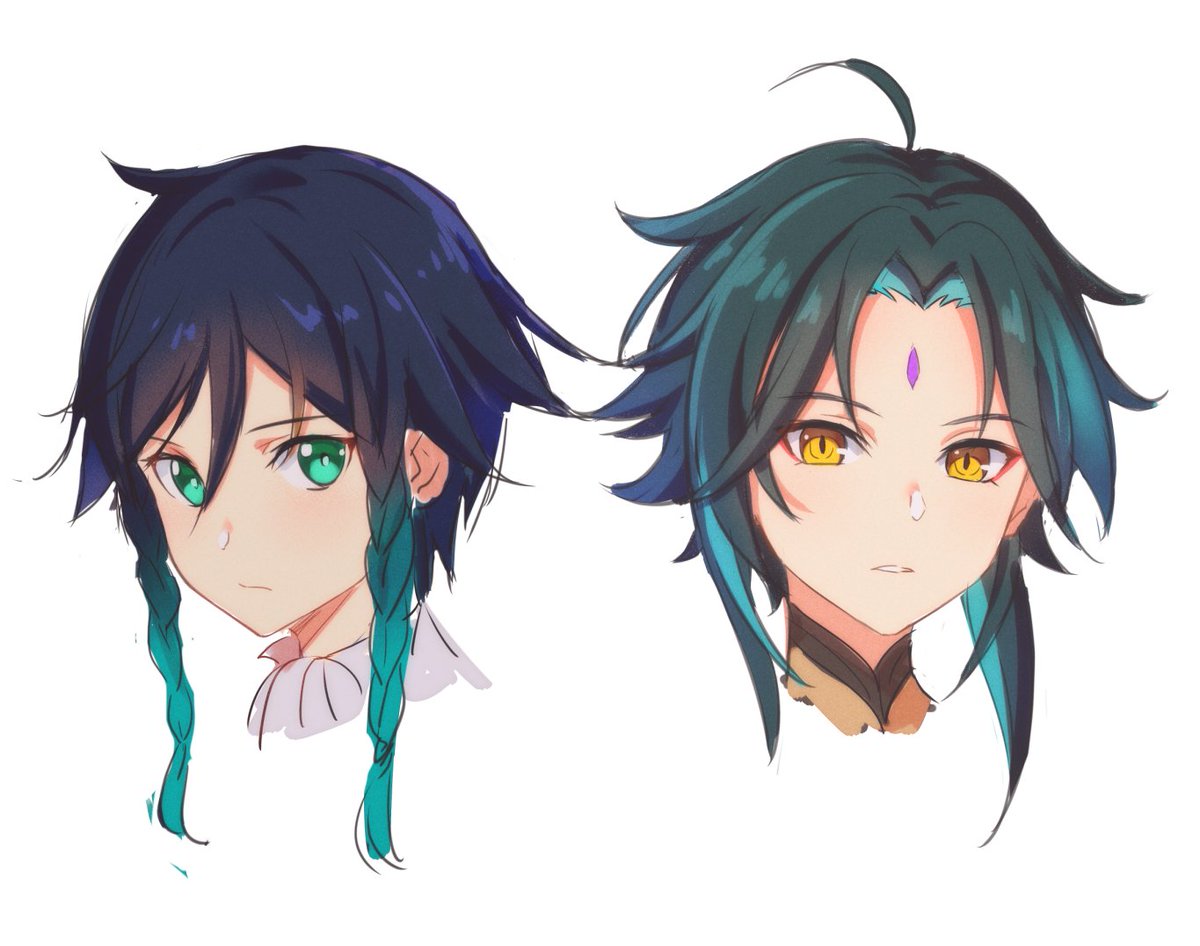 venti (genshin impact) ,xiao (genshin impact) 2boys multiple boys male focus simple background yellow eyes black hair white background  illustration images