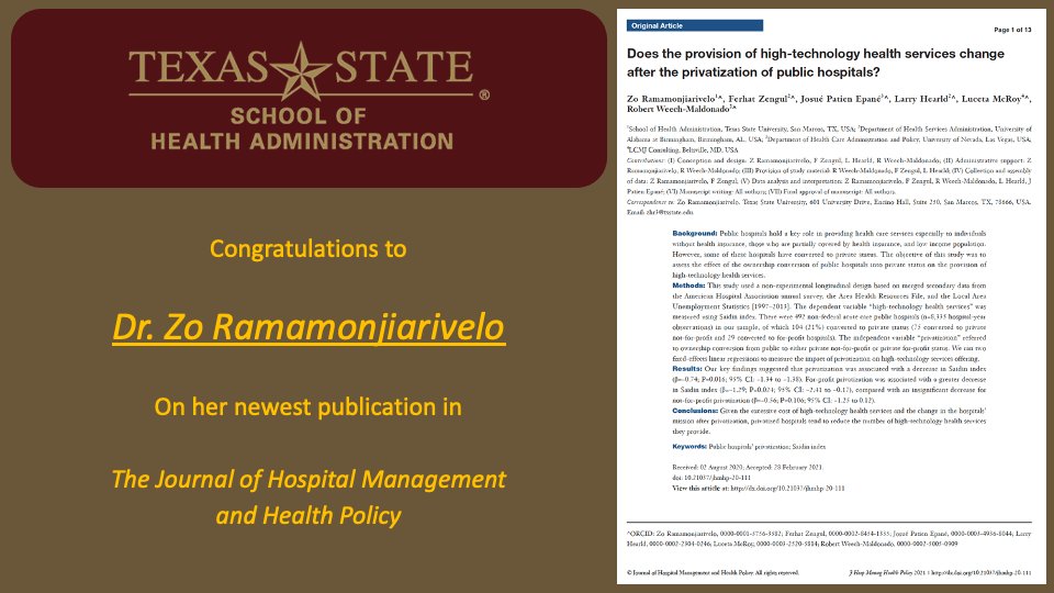 Congratulations to Dr. Zo on her newest publication in the Journal of Hospital Management and Health Policy.  SOHA leading the way! #txst #txstsoha
