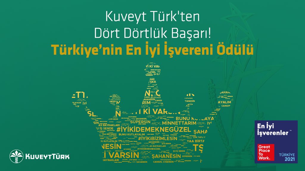 kuveytturk's tweet photo. @GPTW_TR
5000+ çalışan kategorisinde 1. olarak, dördüncü kez Türkiye'nin En İyi İşvereniyiz! Tüm Kuveyt Türk ailesine teşekkürlerimizle!
Sizinle #iyikidemeknegüzel
#Türkiyenineniyiişverenleri2021 #KuveytTürk #wearegreat #gptwforall #birlikteharikaolduk https://t.co/jxZws3QckZ