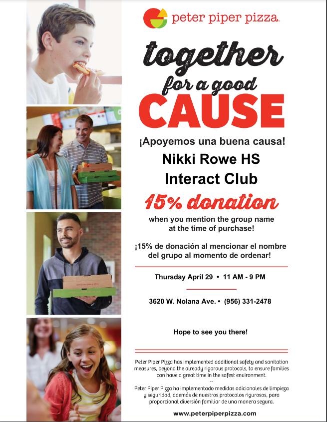 Come out and support the Nikki Rowe Interact Club at Peter Piper Pizza today for our Spring fundraiser.
Hope to see you there! <a href="/McAllenISD/">McAllen ISD</a> <a href="/McAllenRotary/">McAllen Rotary Club</a>