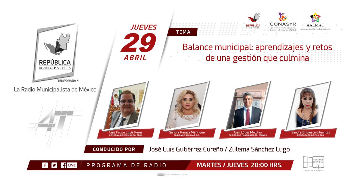 conasyr's tweet photo. Hoy jueves 29 de abril,  a las 20 hrs., no te pierdas el programa #RepúblicaMunicipalista, con el tema: Balance  municipal: aprendizaje y retos de una gestión que culmina. https://t.co/OrylWyxfnU