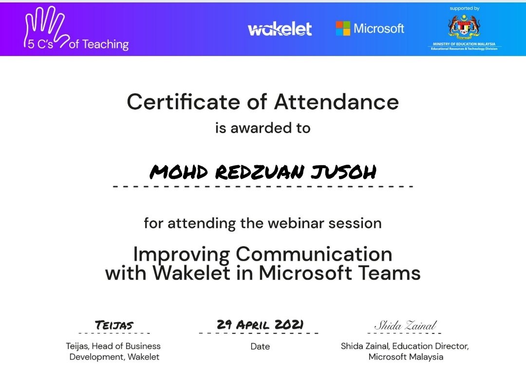 reizwan's tweet photo. With Awesome Teacher @GOHKOKMING2 for the 4th day Webinar session "Improving Communication with WAKELET in Microsoft Teams
@wakelet @kyteijas @MicrosoftEDU @PendidikDigital @nadzulkipli @kamariah_awg @tkchang0214 #WakeletWave #MicrosoftEDU #5CsofTeaching https://t.co/Dn00WeCDKE