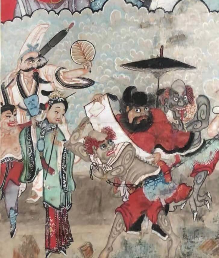 On the lower part of the scroll, one may see several Hellish agents: Wu Erye 吴二爺 (as the無常is called in SW China) with wife and kid, a red-clad netherworld judge 判官 (helped by 3 half-naked demons鬼卒), then the Chicken-leg god雞脚神, an incarnation of the 回煞.