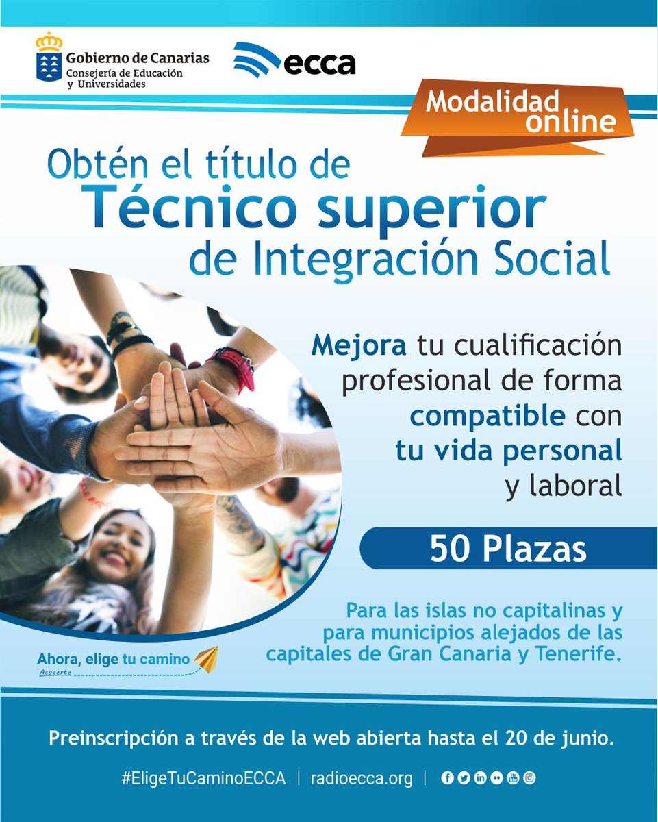 ¡Vuelve la modalidad ONLINE de nuestro Ciclo Superior de Integración Social!

⚠Para islas no capitalinas y municipios alejados de las capitales de Gran Canaria y Tenerife.

Ya está disponible la preinscripción 👉www2.radioecca.org/estudiar/fpse-…

🏃‍♀️🏃‍♂️¡Corre, son pocas plazas!