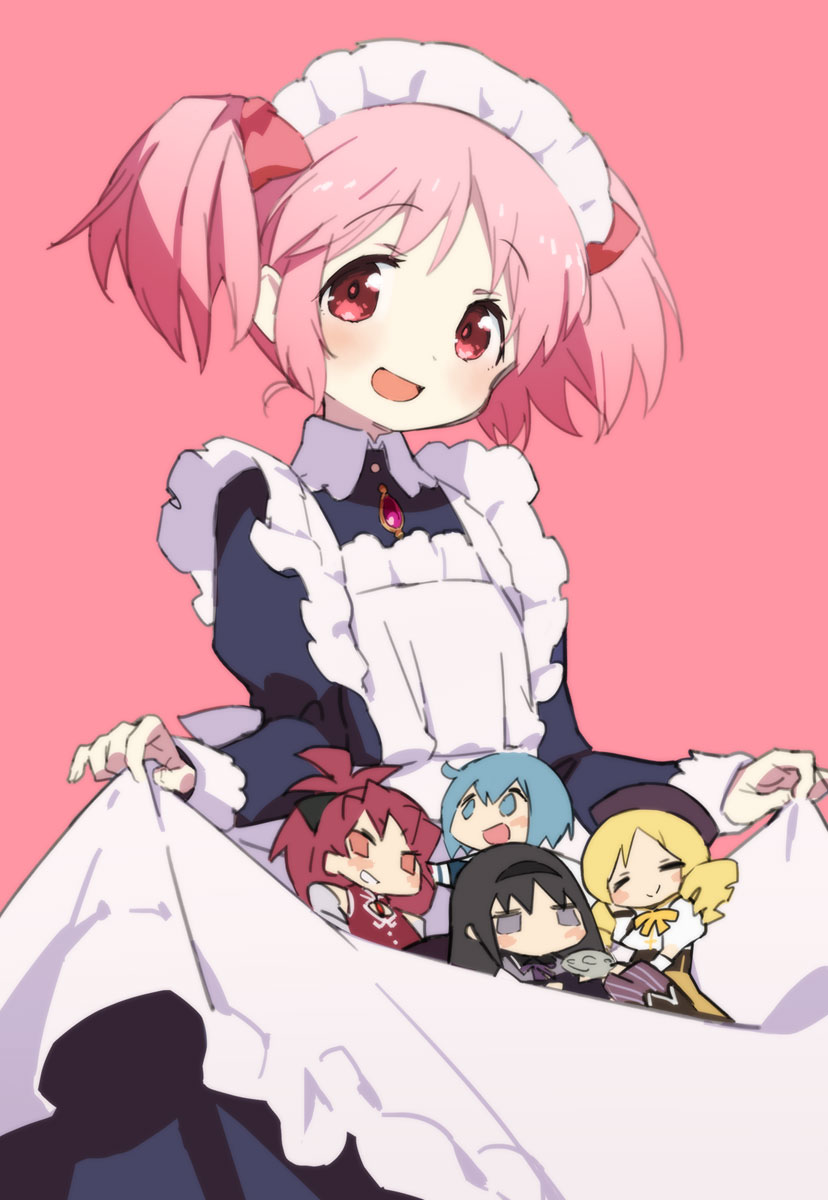 akemi homura ,kaname madoka ,miki sayaka ,sakura kyouko ,tomoe mami maid maid headdress pink hair pink background twintails apron 5girls  illustration images