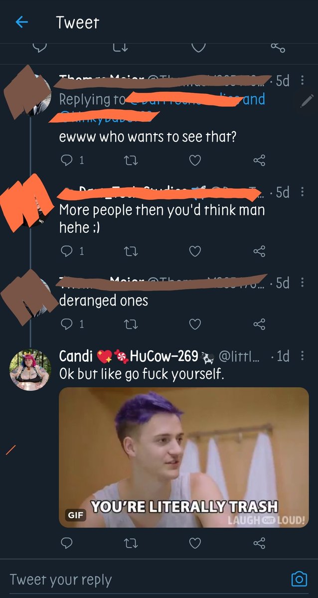 I saw this the other day and it helped kick my brain off.The person saying that only "deranged ones" would enjoy watching fat kinky people is very open about his own kinks on his profile, being a kinky person, yet feels free to call those who like fats "deranged".