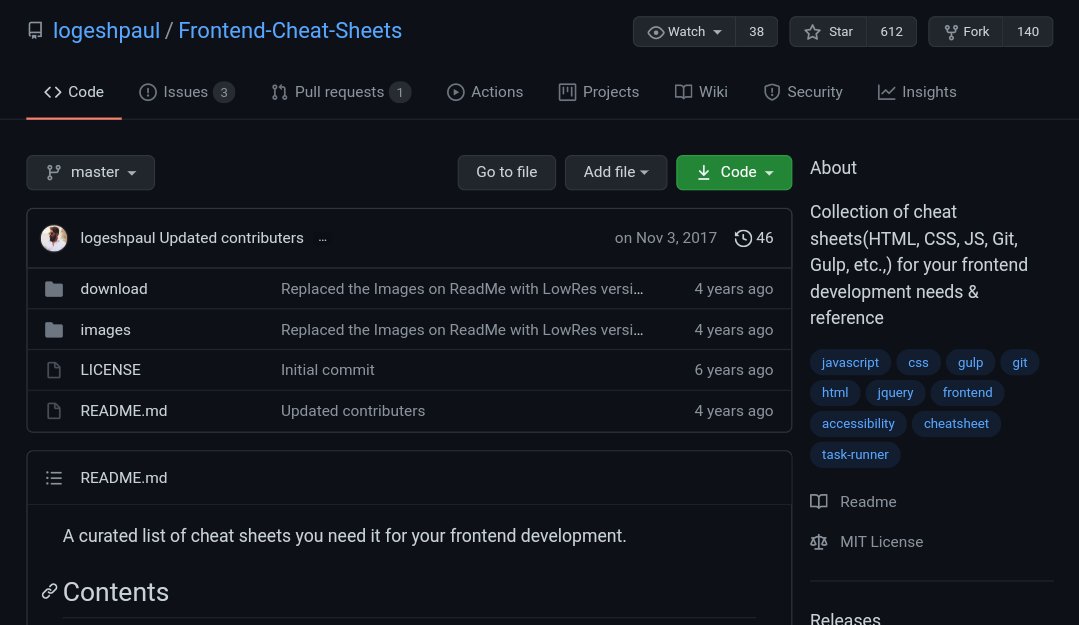Prathkum's tweet image. I found this super amazing GitHub repository 😼
In this repo you'll find cheat sheet of
- HTML
- CSS
- JavaScript
- jQuery
- Git
- Gulp
🔗 github.com/logeshpaul/Fro…
