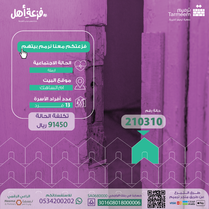tarmeemCharity's tweet photo. حالة الأسرة رقم 210310

أرمله كبيرة في السن يسكن معها 12 فرد من أحفادها و أبنائها وبناتها، إحدى بناتها مريضة قلب عافاها الله، دخلهم لا يكفي حاجتهم، أسقف منزلهم متضررة وتهدد حياتهم بالخطر. 

حلم حياتهم منزل آمن يأويهم 
وتبرعك يساعد بتحسين حياتهم للأفضل. 
 #فزعة_أهل