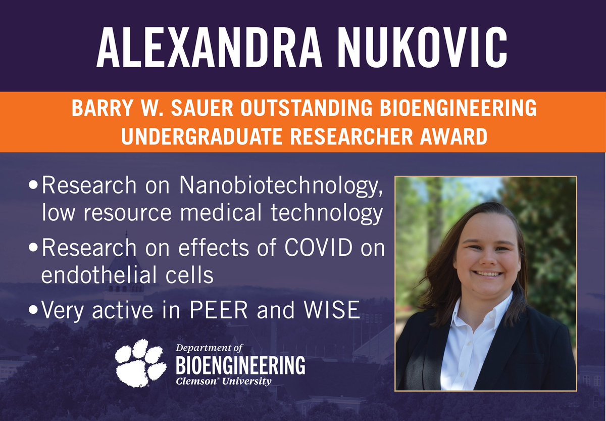 Congratulations to <a href="/AlexNukovic/">Alex Nukovic</a> for receiving the Barry W. Sauer Bioengineering Undergraduate Researcher Award!
#teamCUBIOE #BIOESTRONG #clemsonBIOE