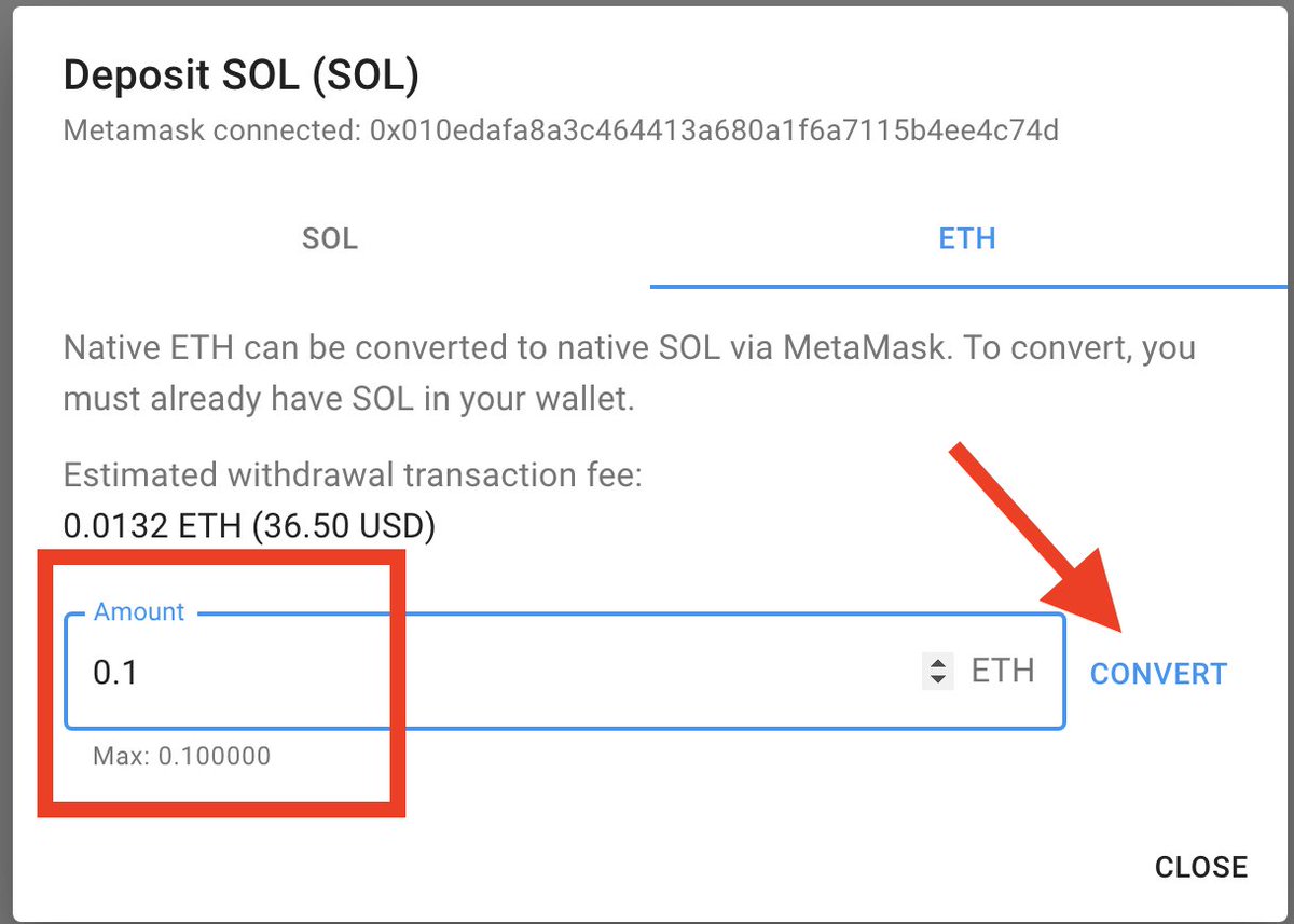 E. Now enter the amount of ETH to convert to SOL - note that the maximum is 0.10 ETH - and click "CONVERT"5/10