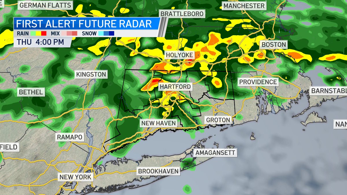 bobmaxon's tweet photo. Areas of moderate to heavy rain develop later this afternoon (possible thunder) and last into the overnight. Some areas could get a good drink of water.  Next concern is wind tomorrow gusting to 45 mph.  #FirstAlertCT https://t.co/doSyXj59q2