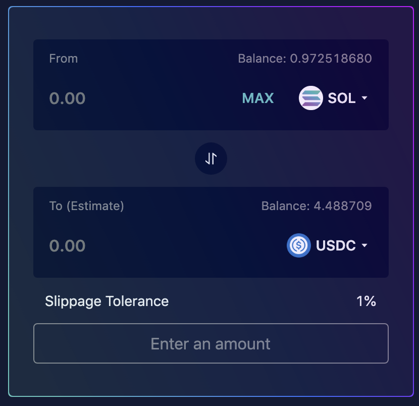 F. Now swap the SOL for USDC - You NEED USDC to purchase SDOGE- Go here:  https://raydium.io/swap/ - Connect your Sollet wallet by clicking the "Connect" button in the top right-hand corner, then click "Sollet"- Select SOL in the 'From' and USDC in the 'To' and swap6/10