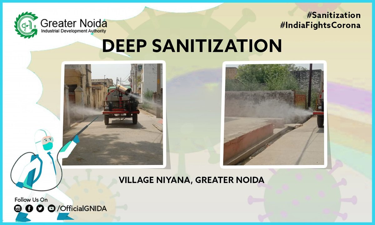 OfficialGNIDA's tweet photo. #कोरोना #संक्रमण के बढ़ते मामलों के दृष्टिगत @OfficialGNIDA के #स्वास्थ्य विभाग द्वारा क्षेत्र के विभिन्न हिस्सों में डीप #सैनिटाइजेशन किया जा रहा है। इसी क्रम में आज ग्राम नियाना, में #हाइपोक्लोराइट रसायन का छिड़काव कर सैनिटाइजेशन किया गया।
#GNIDACares
#StayProtected
#StaysSafe https://t.co/lPnFADgBNz