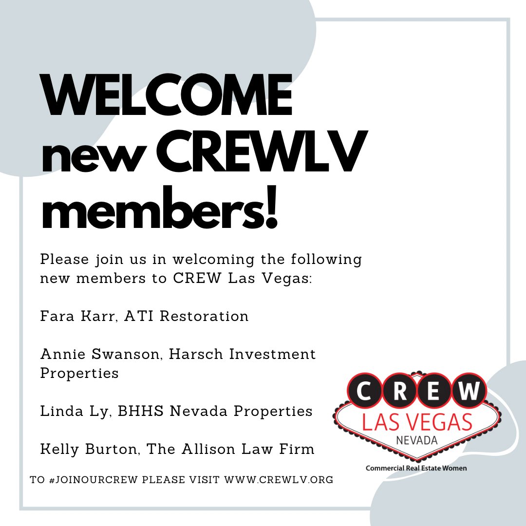 CREWLasVegas's tweet photo. Please join us in welcoming our newest #CREWLV members. If you want to #joinourcrew please visit our website. https://t.co/hV28kk5DuM
#crew #cre #commercialrealestatewomen #supportourcrew #newmember #membershiphasitsprivileges https://t.co/UZJ67zjTYg