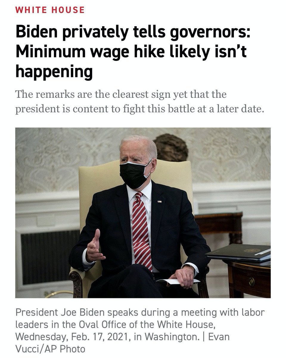 While Biden was telling us he'd fight for a raise for 30 million Americans, he was behind the scenes telling other politicians he'd already given up.Biden could've had the parliamentarian overruled or even fired, but he simply chose not to even try. 8/