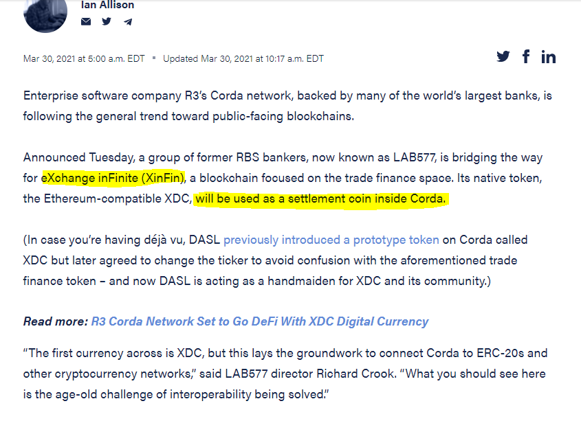 Who is using $XDC? Well let's break it down shall we? First we need to stablish that R3 Corda is using the #XinFin blockchain $XDC token for settlement using #LAB577 (🚨group of former RBS Bankers🚨) as a bridge. coindesk.com/r3-corda-now-h…