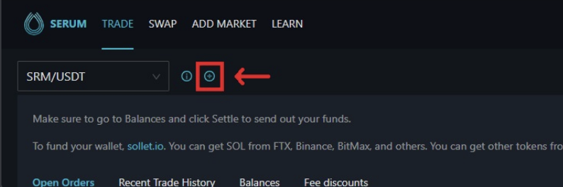 G. Now you can purchase SDOGE- Go here:  https://dex.projectserum.com/ - Connect your Sollet wallet by clicking the "Connect" button in the top right-hand corner and then clicking "Sollet"- Click the icon - shown in the photo - to "Add Custom Market"7/10