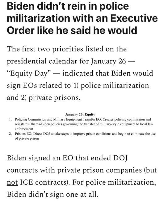 Biden, who oversaw the militarization of our police as VP, promised very minor reform by executive order in week one. It never came.Instead, he's now transferring even more weapons to cops at a faster rate than Trump had been. 3/