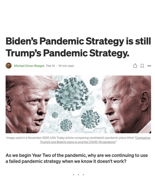 As for Covid, Biden caused thousands of Americans to die unnecessarily when he rejected experts' calls for a nationwide shutdown in favor of continuing Trump's failed containment strategy.Biden didn't even try to push for the nationwide mask mandate that he promised. 13/