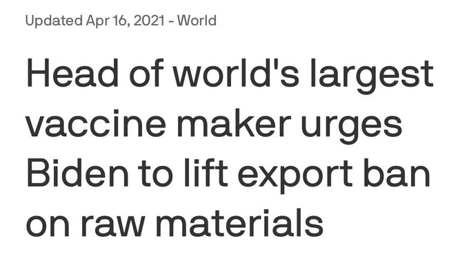 Though he's since been pressured into ending the ban on exporting raw materials needed to produce vaccines, Biden blocking India's access for so long allowed the pandemic to spiral out of control to the point where deaths are higher now than they've ever been before. 15/