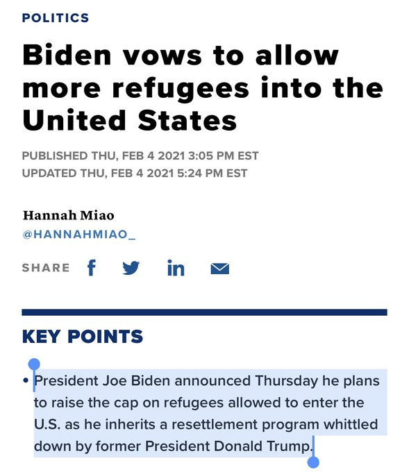 The number of migrants coming to our southern border has increased due to Biden campaigning on the lie that he would treat them better than Trump did.But despite his promise to raise the number of refugees accepted, he's breaking records for allowing the fewest in. 16/