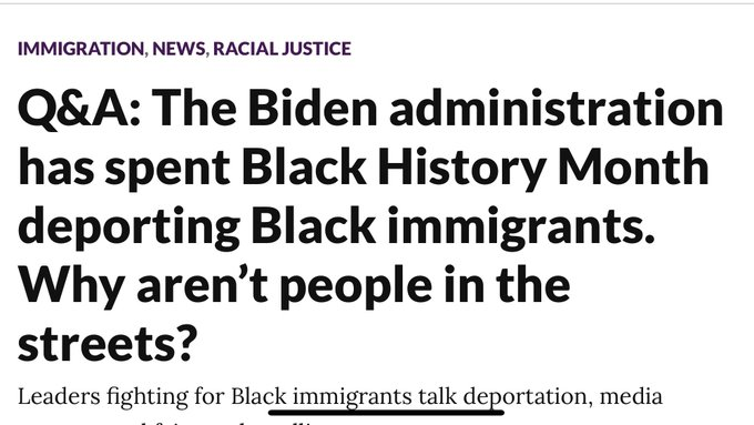 The 300,000+ people Biden has deported in his first 100 days include asylum seekers, a witness needed to testify in the case of a mass shooting, and black migrants who were deported during  #BlackHistoryMonth  . 18/
