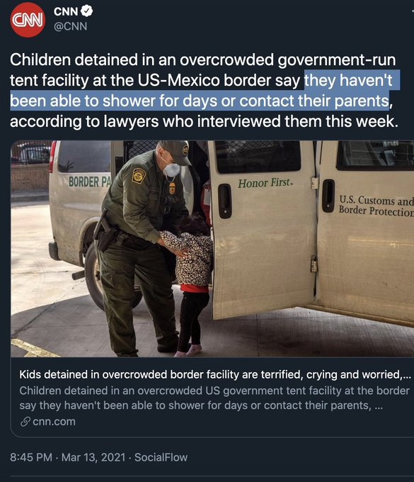 Not only has Biden continued the cruel practice of separating migrant families in several forms, the children he has caged alone in camps often aren't even allowed to call their parents. 19/