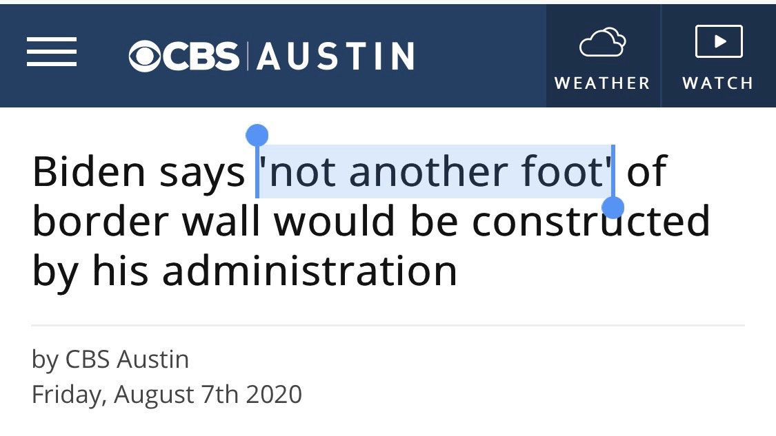 Biden hasn't even kept his promise to stop building Trump's border wall. Instead, he has continued seizing people's land for construction. 24/