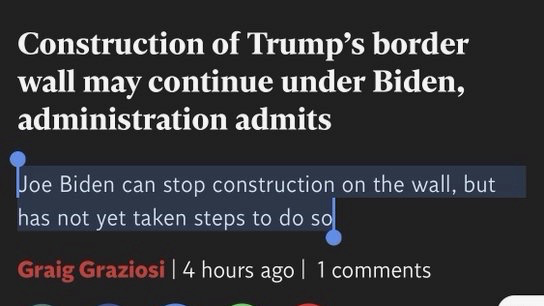 Biden hasn't even kept his promise to stop building Trump's border wall. Instead, he has continued seizing people's land for construction. 24/